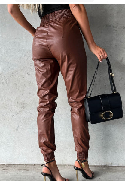 Brown Pleather Jogger Pants