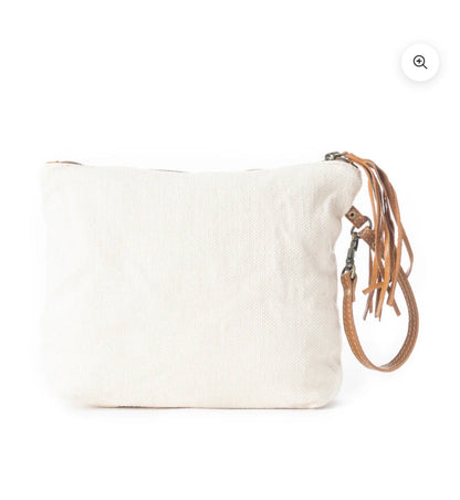MY5 MYRA BRAND Farine Canvas Pouch with Tassel Adorned Zip Closure, Inside Pockets and Removable Wrist Strap