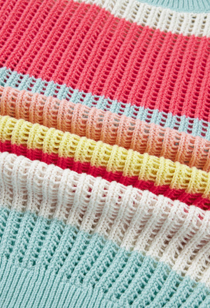 Multi-color short sleeve open weave striped sweater by Ivy's Gifts & Boutique, featuring lightweight knit and vibrant stripe pattern.