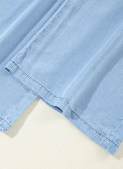 Blue Wide Leg Acid Wash Elastic Waist Pants