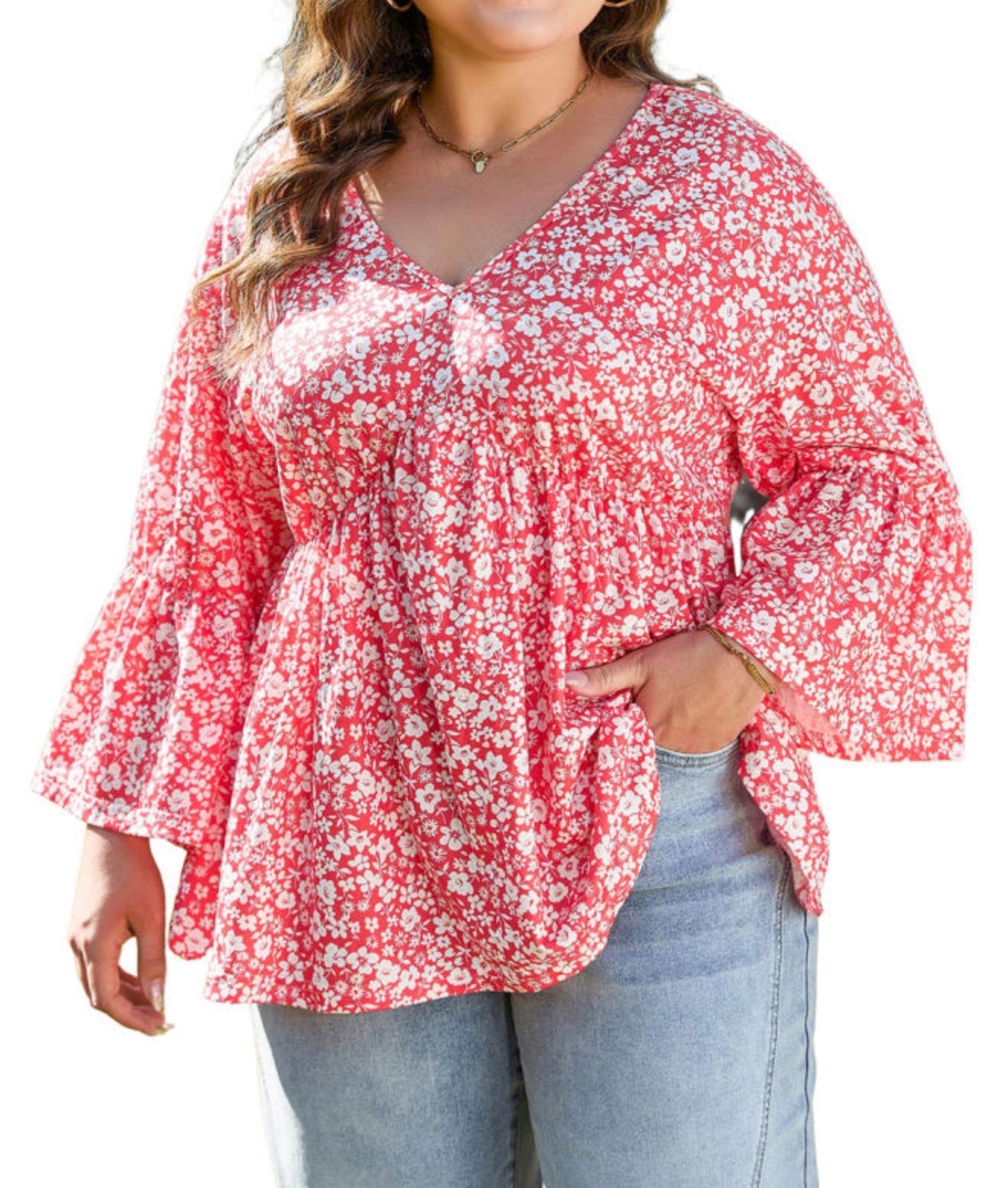 PP30 Red Flare Sleeve V Neck Top with White Floral Detail