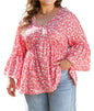 PP30 Red Flare Sleeve V Neck Top with White Floral Detail