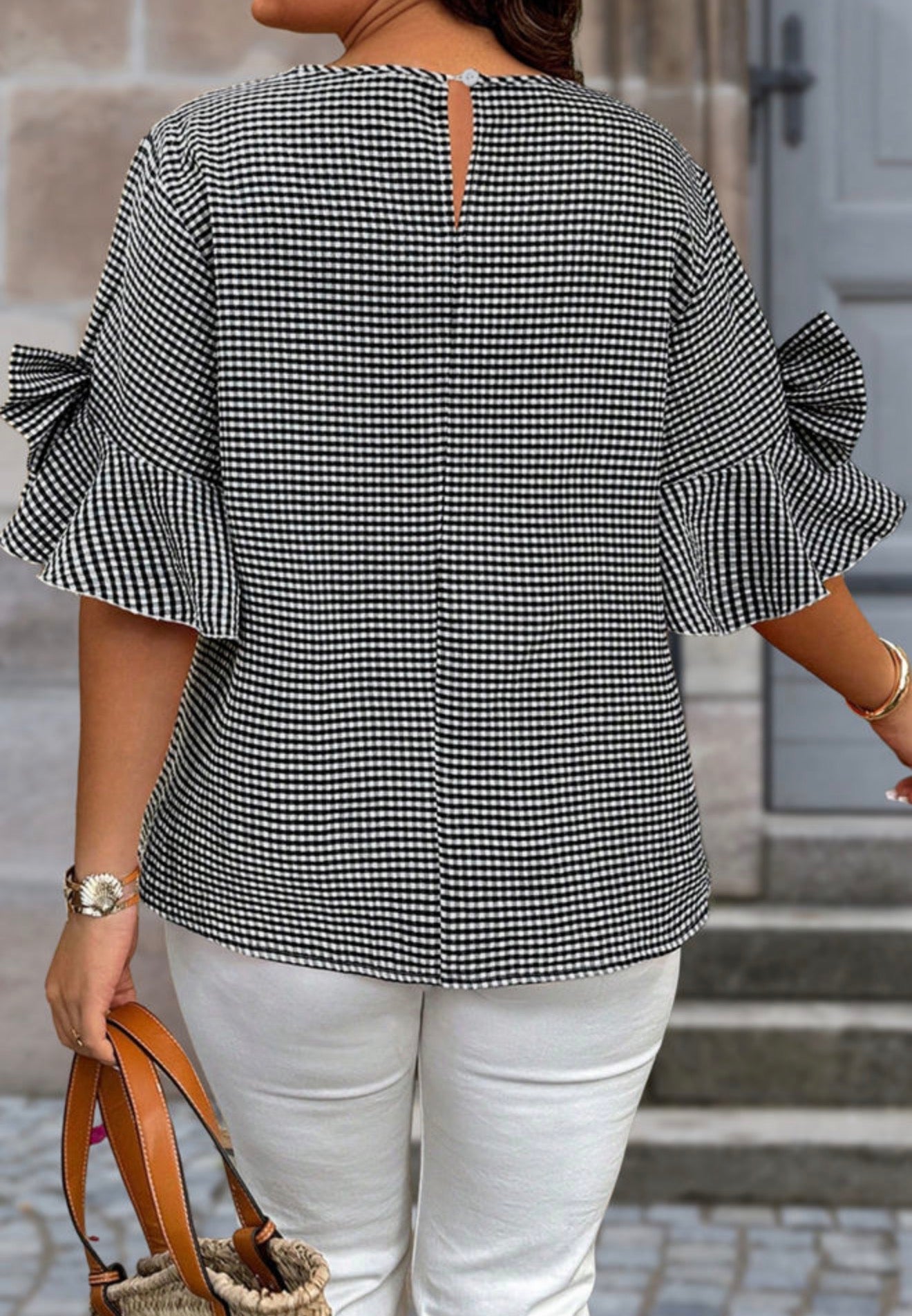 PP14 Black and White Miniature Plaid Round Neck Top with Bow Accented Bell Sleeves