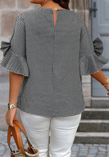 PP14 Black and White Miniature Plaid Round Neck Top with Bow Accented Bell Sleeves