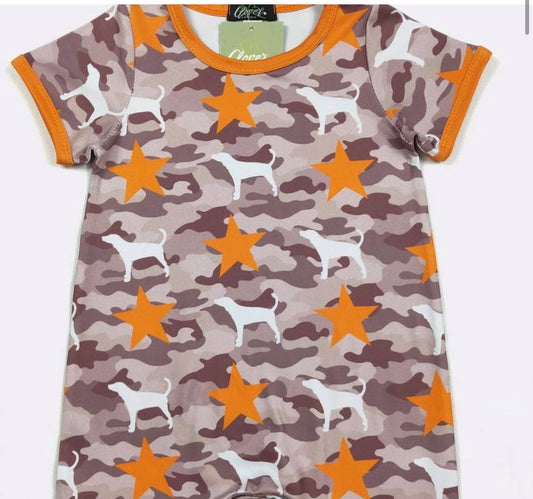 Camo and orange star romper for dogs by Ivy's Gifts & Boutique, featuring a camo design with smoky and star patterns.