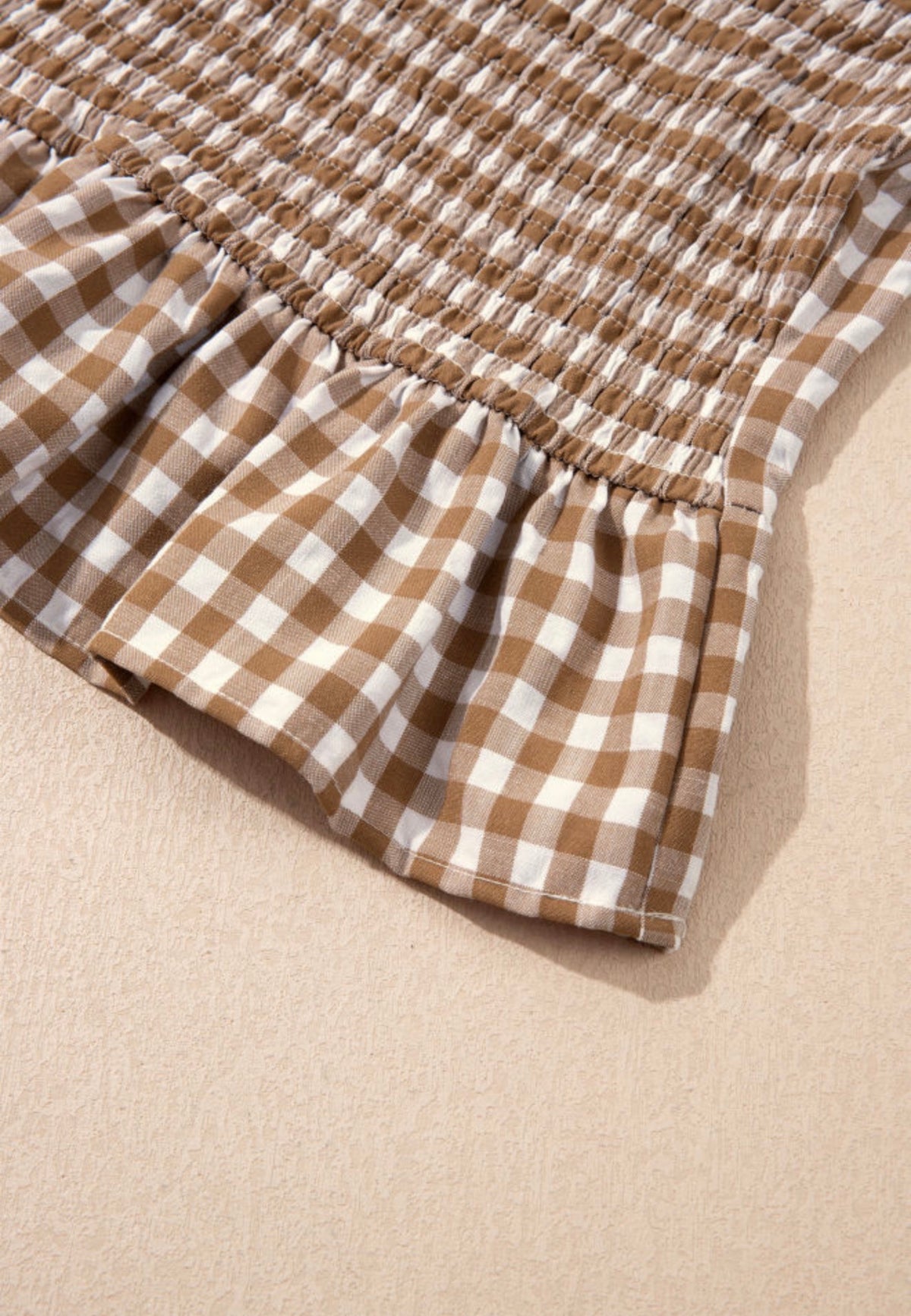 BGEB Brown Gingham Print Elastic Bodice Blouse