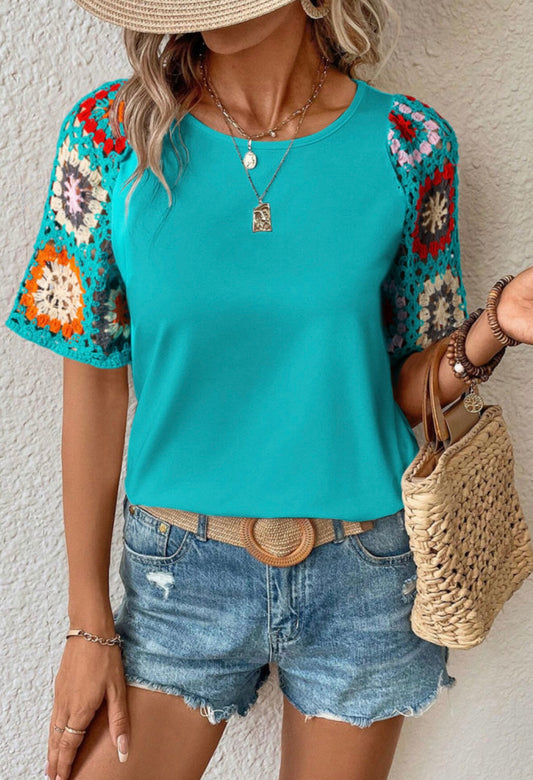 Turquoise Blue Top with Crochet Sleeves