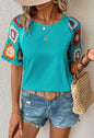 Turquoise Blue Top with Crochet Sleeves