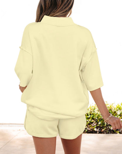 MLYS Creamy Super Soft Yellow Mock Turtle Neck Style 2 Piece Short Set with Elastic Drawstring Waist and Pockets