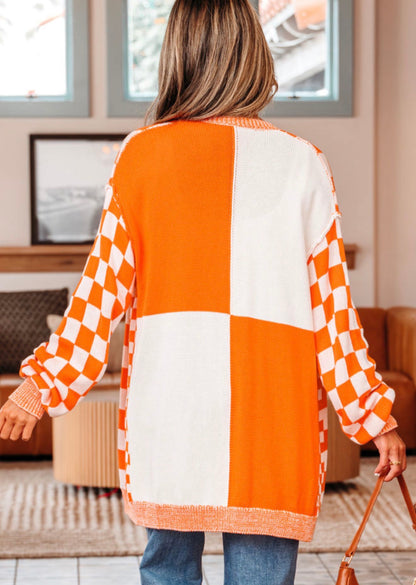 MLOW Orange and White Checkered Open Front Cardigan Sweater
