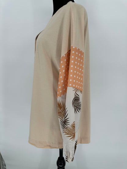 Beige Top with Printed Puff Sleeves Peach and Brown