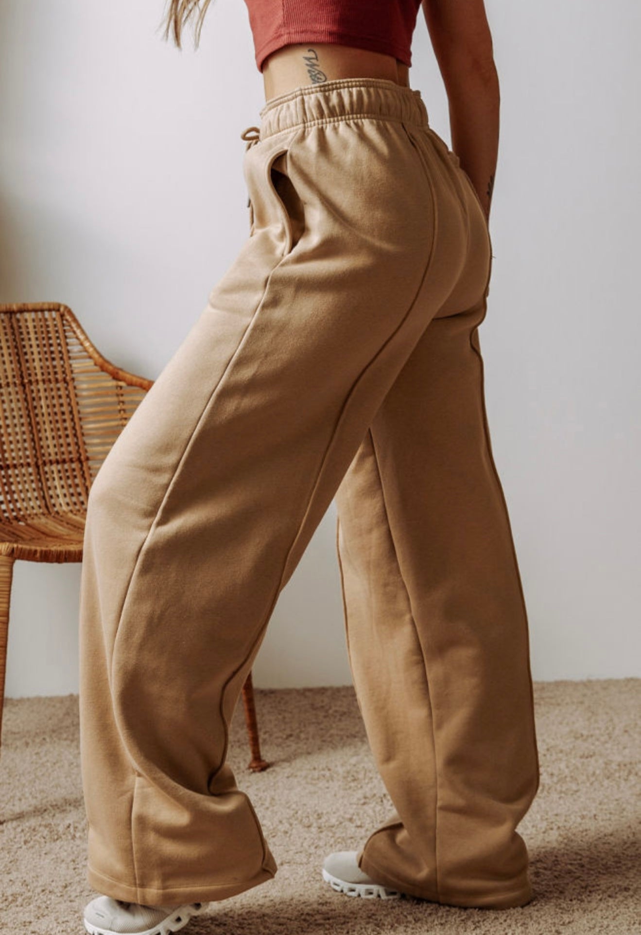 Tan wide leg sweatpants with pockets