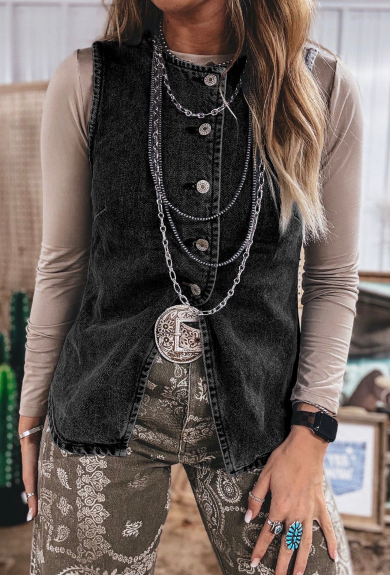 MLBV Black Acid Wash Button Up Vest