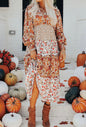 MLFD Fall Printed Tiered Ruffle Hem Maxi Dress with Long Sleeves
