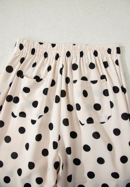 Black polka dot cream pants with back and side pockets from Ivy's Gifts & Boutique, casual stylish women's pants.