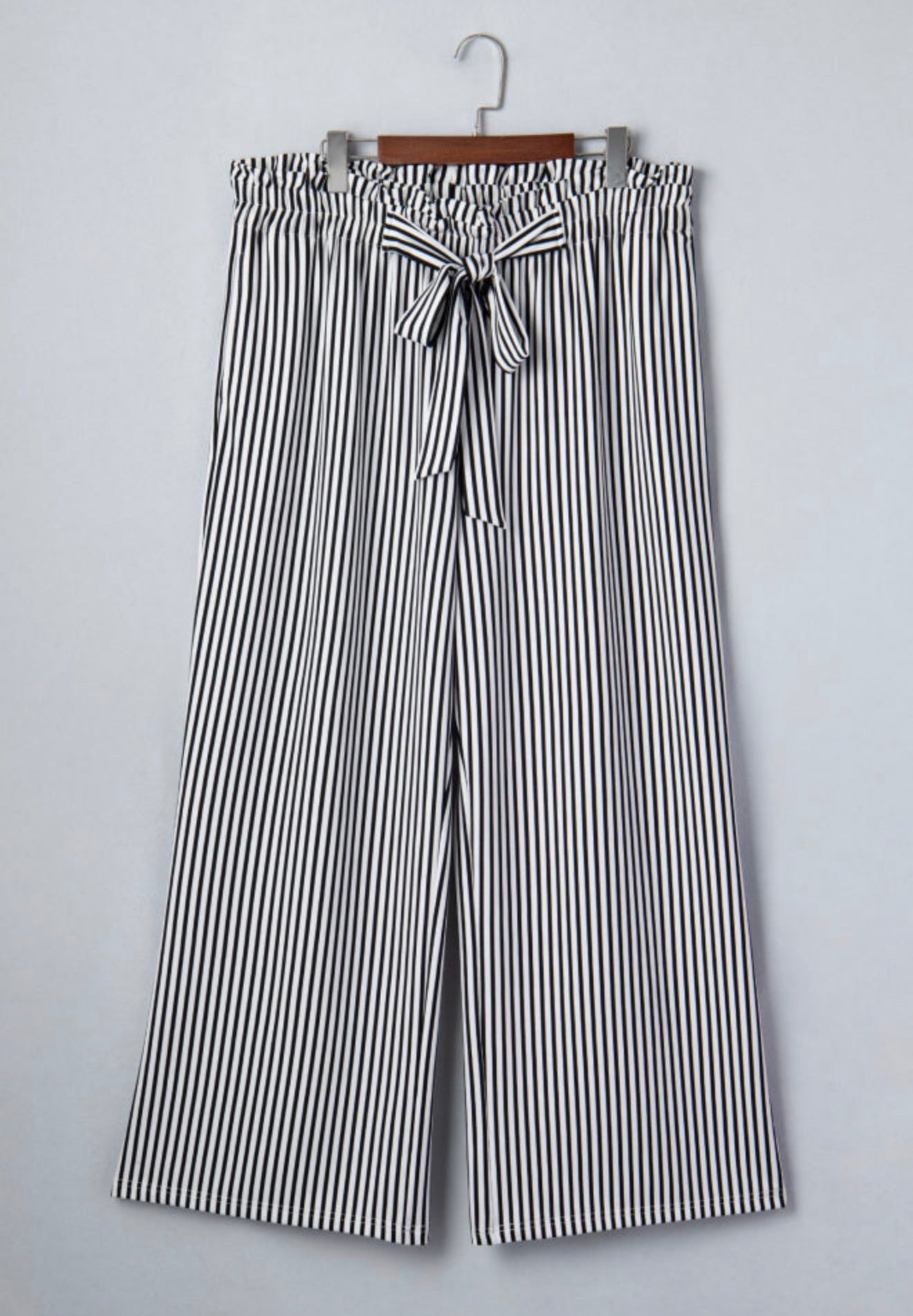 PP4 Paper Bag Style Elastic Waist Black and White Stripe Pants with Tie Belt