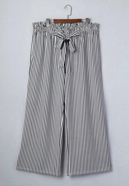 PP4 Paper Bag Style Elastic Waist Black and White Stripe Pants with Tie Belt