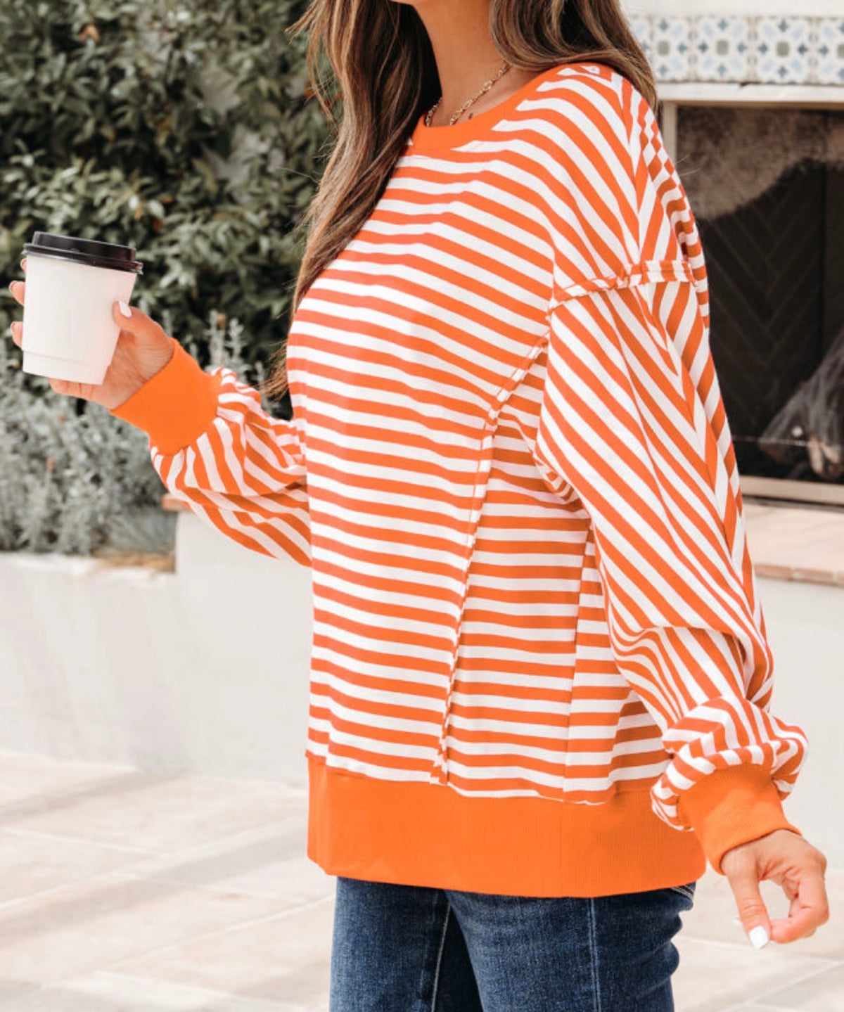 MLOS Orange and White Stripe Long Sleeve Top with Exposed Raw Edge Seams and Back