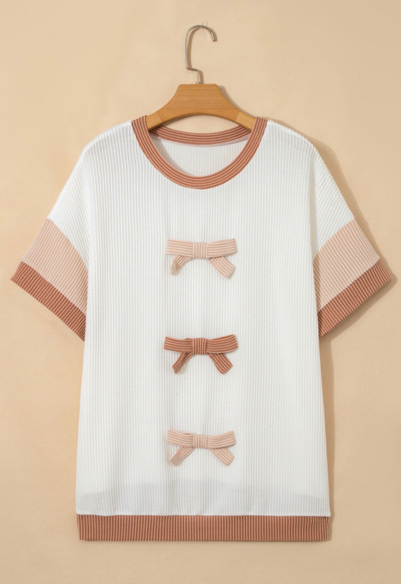 PP15 Bow Knot Detailed Ribbed Top with Short Sleeves in Natural Monotone Colors