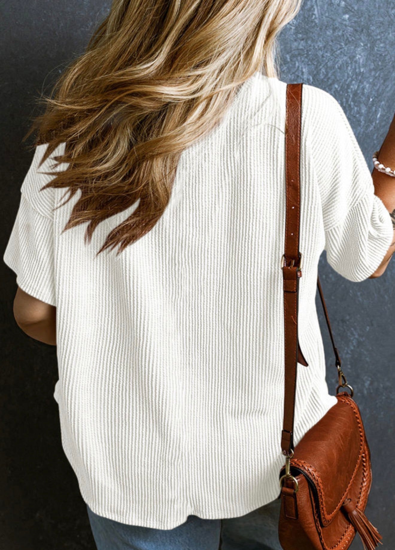 PP24 White Ribbed Fabric Drop Shoulder Comfy V Neck Short Sleeve Top