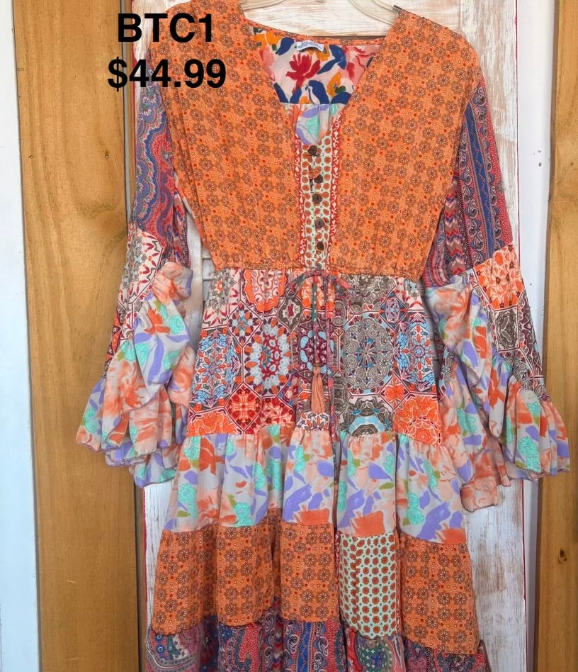 BTC BoHo Style Dress with Unique Fabric Patterns Ruffle Sleeve and Hem
