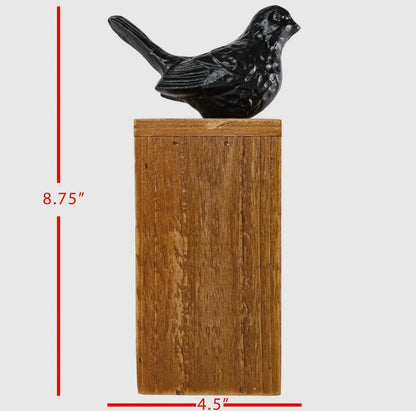 Cast Iron Black Bird on Wood Pedestal