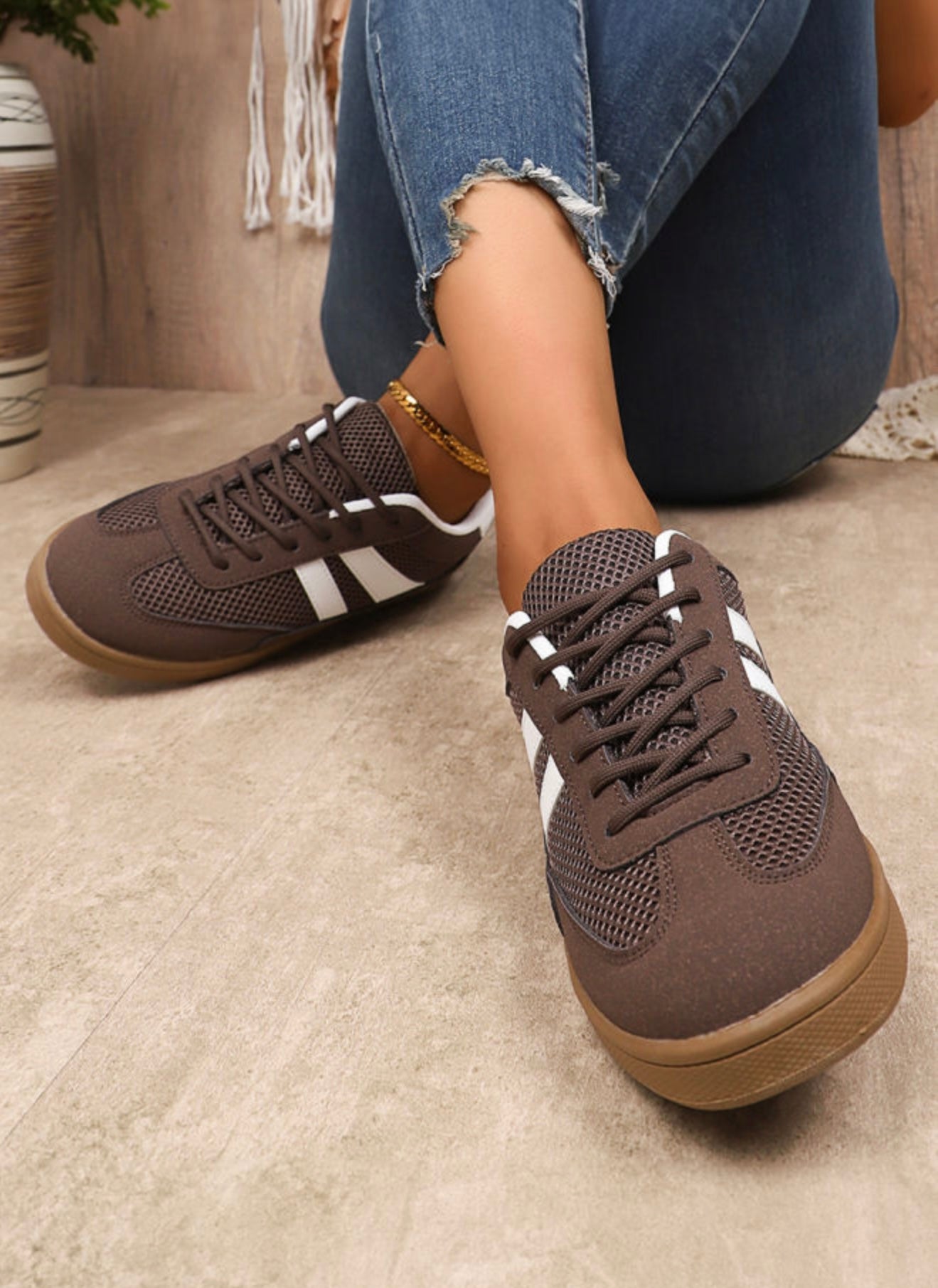 A56 Chocolate Brown Sneakers with White Stripes - Ivy's Gifts & Boutique