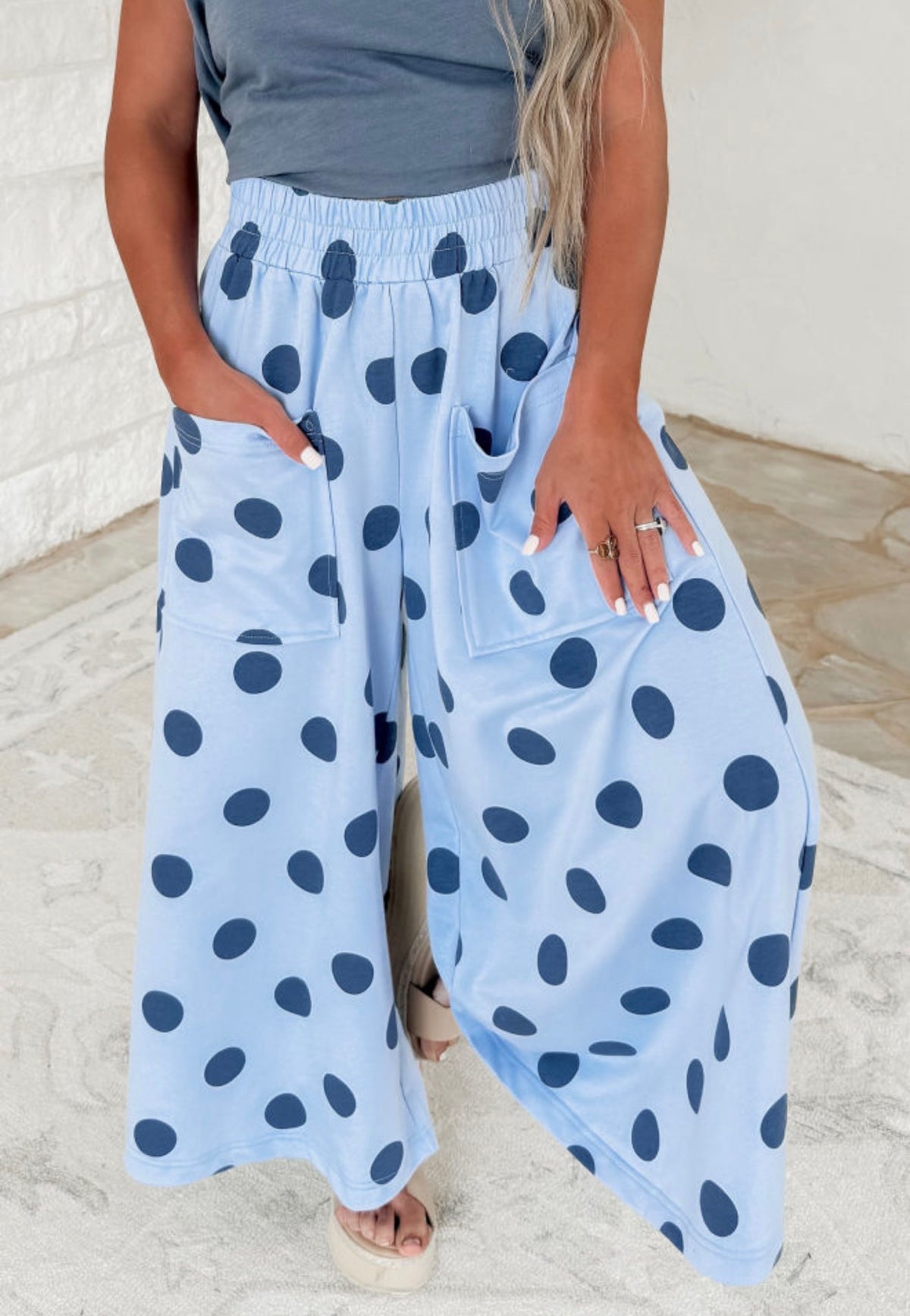 MLBP Blue Polka Dot Wide Leg Comfy Pants with Square Pockets and Elastic Waist