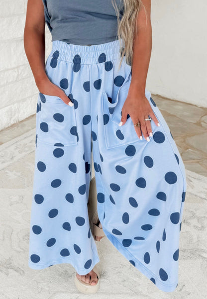 MLBP Blue Polka Dot Wide Leg Comfy Pants with Square Pockets and Elastic Waist