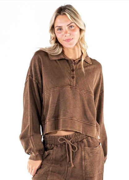 Brown worn washed panel pants and cropped snap sweatshirt from Ivy's Gifts & Boutique, featuring relaxed fit and casual style.