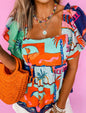 Multi Color Abstract Print  Summer Top with Elastic Back