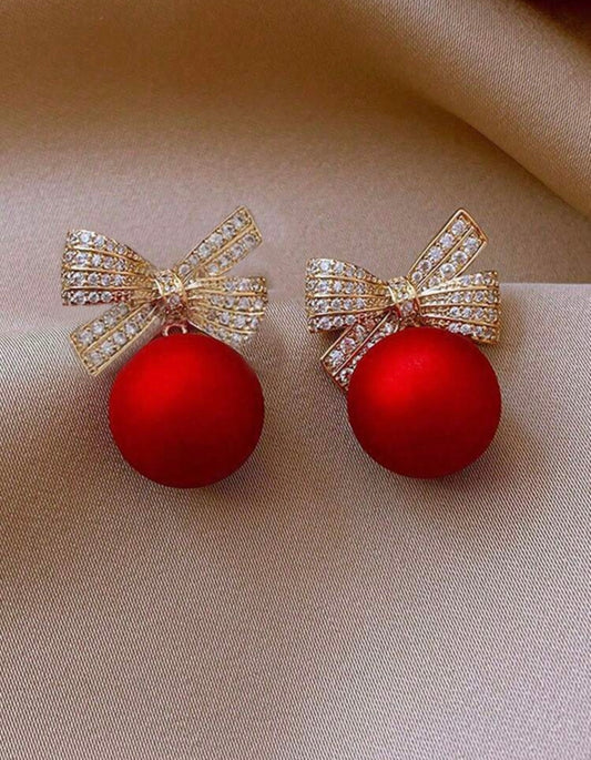 Gold Rhinestone Bow with Red Christmas Ball Earrings