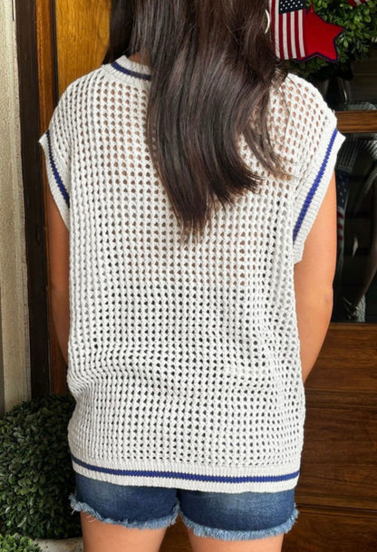 Open weave sleeveless sweater featuring the American flag design by Ivy's Gifts & Boutique, with a lightweight, patriotic style.