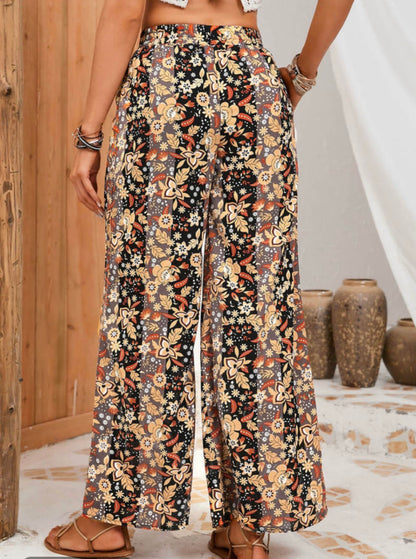 Black and Floral Print Wide Leg Elastic Waist Pants