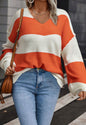 MLOR Orange and White Wide Stripe v Neck Sweater