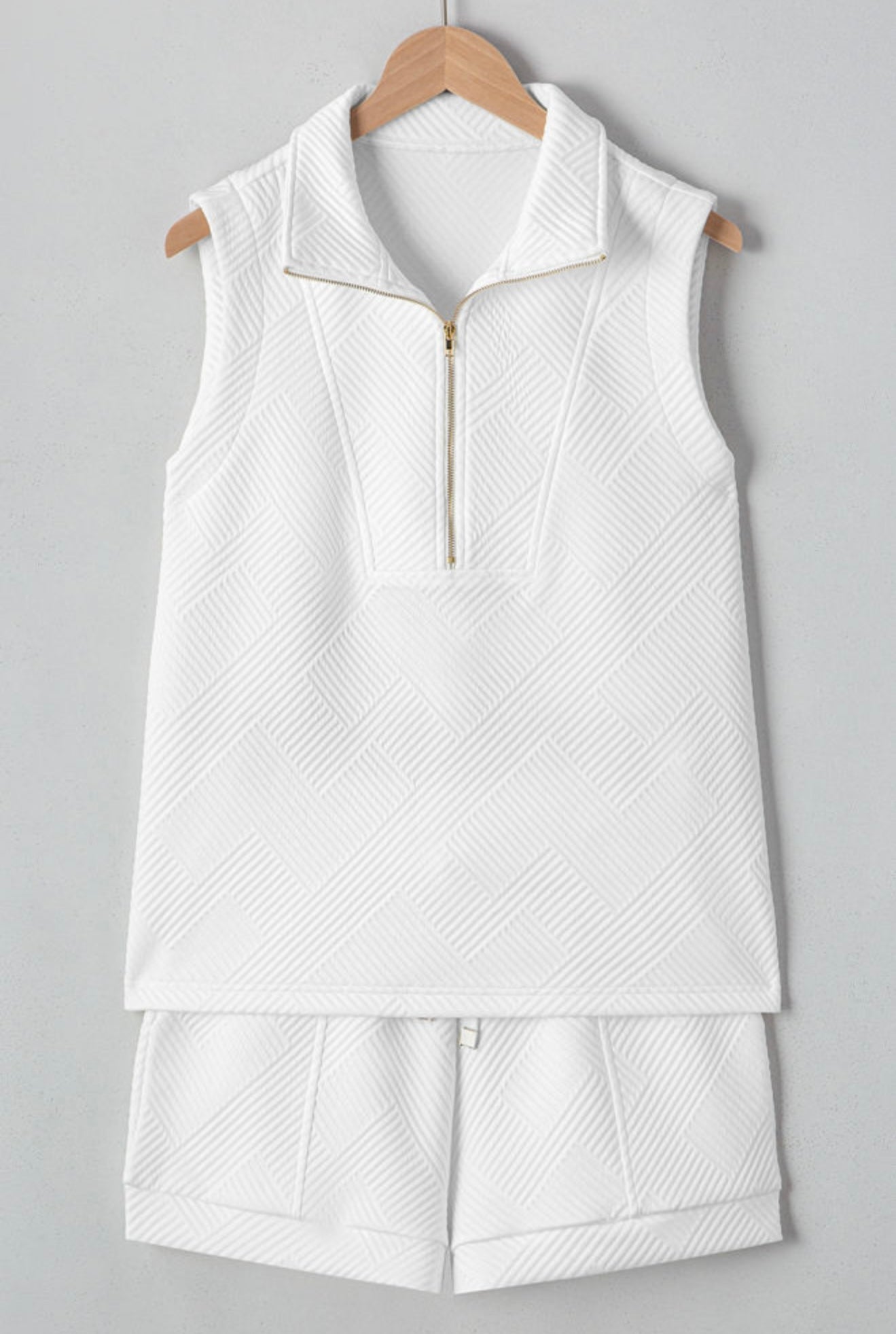 2 Piece White Short Set with Zipper Collar