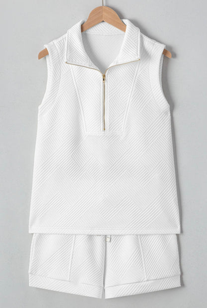 2 Piece White Short Set with Zipper Collar