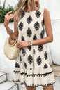 Ivory and Black Print Dress with Back Tie at neck
