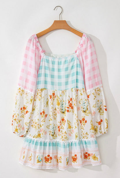 Patchwork Gingham and Floral Print Dress with Rick rack accent