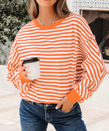 MLOS Orange and White Stripe Long Sleeve Top with Exposed Raw Edge Seams and Back