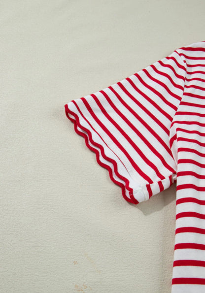 PP22 Red and White Stripe Short Sleeve Top with Scalloped Edge Sleeve Hem and Neckline
