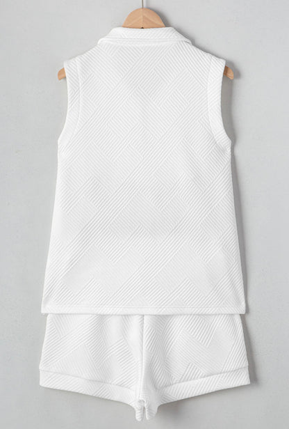 2 Piece White Short Set with Zipper Collar