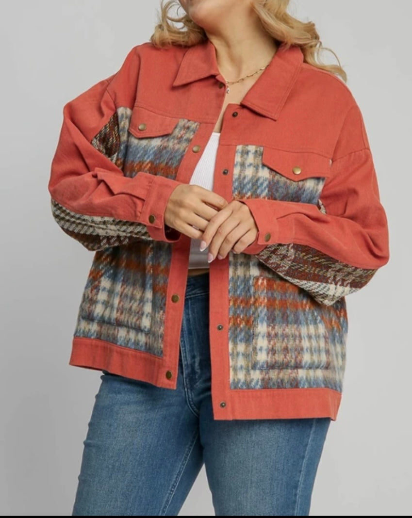 Umgee Burnt Orange Jacket with Plaid Contrast