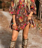 Gorgeous fall floral print dress with 3/4 length sleeves by Ivy's Gifts & Boutique, featuring vibrant autumn-inspired floral pattern.