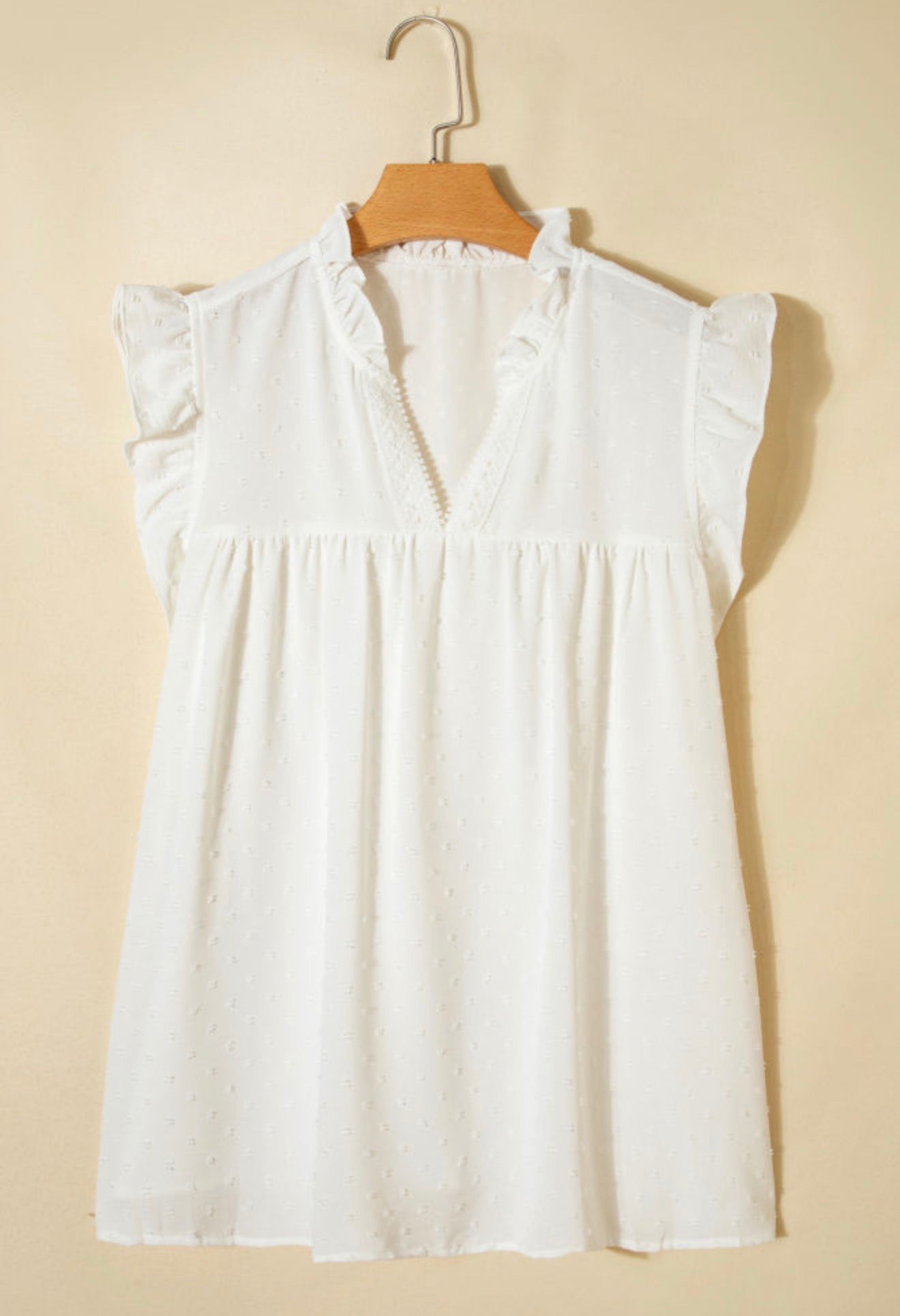 PP18 White Ruffle Lace Trimmed V Neck Top with Swiss Dot Fabric and Carefree Fit