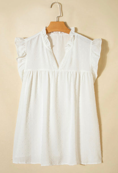 PP18 White Ruffle Lace Trimmed V Neck Top with Swiss Dot Fabric and Carefree Fit
