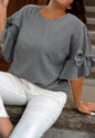 PP14 Black and White Miniature Plaid Round Neck Top with Bow Accented Bell Sleeves