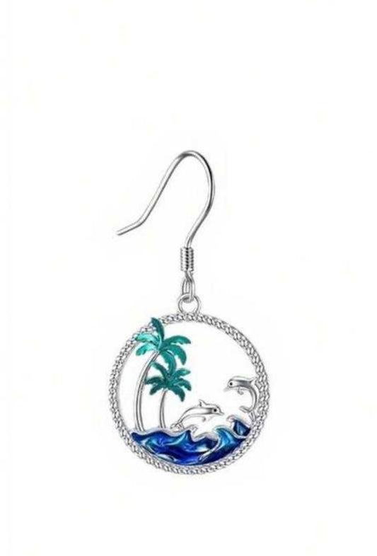 Dolphin and palm tree earrings by Ivy's Gifts & Boutique, silver-tone jewelry featuring ocean and tropical palm designs.
