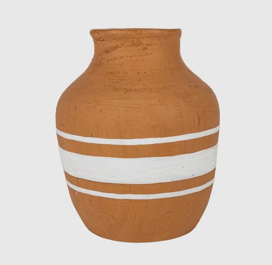 Terracotta Vase with White Stripe Accent