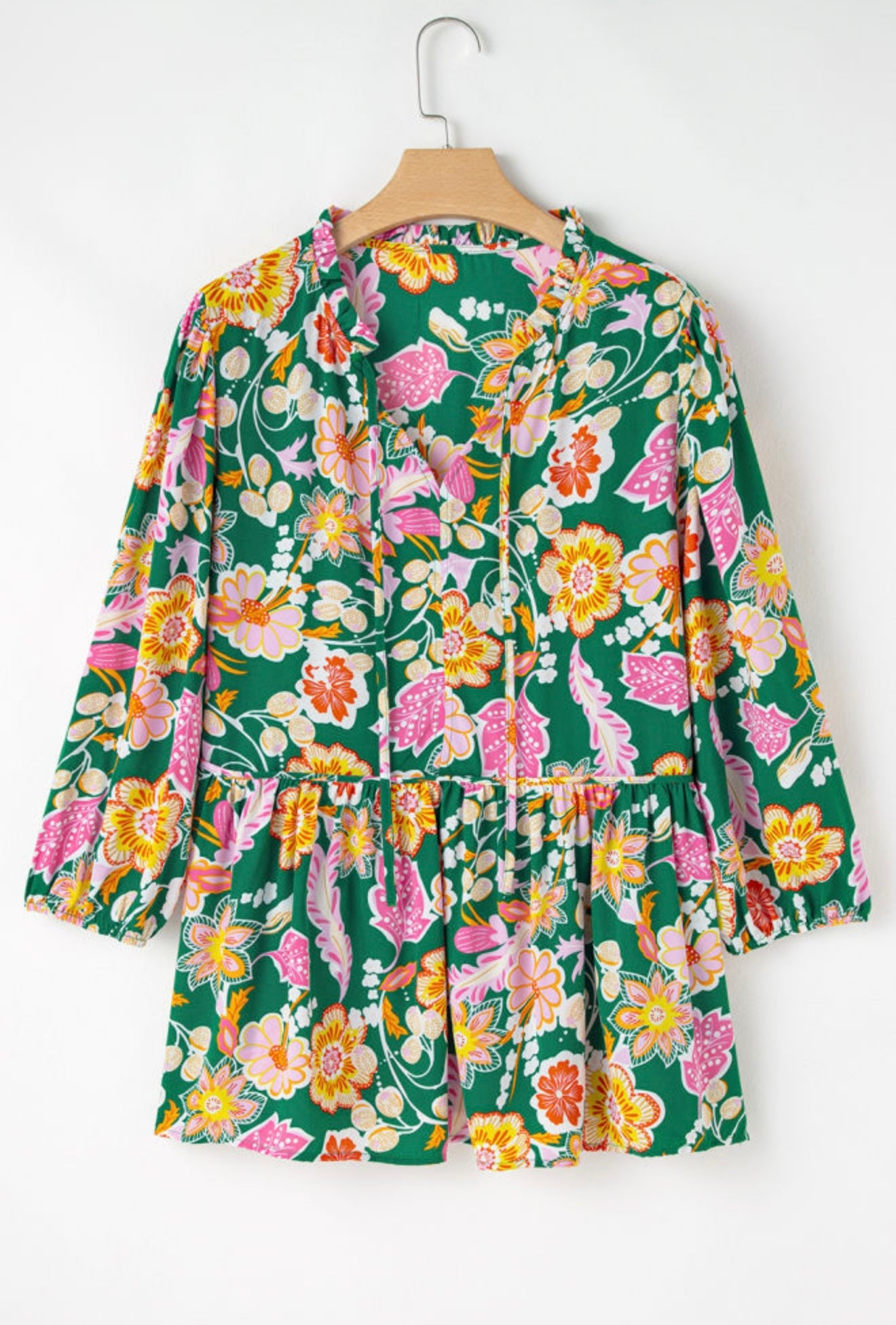 Floral Print Green Blouse with Tie at Neck